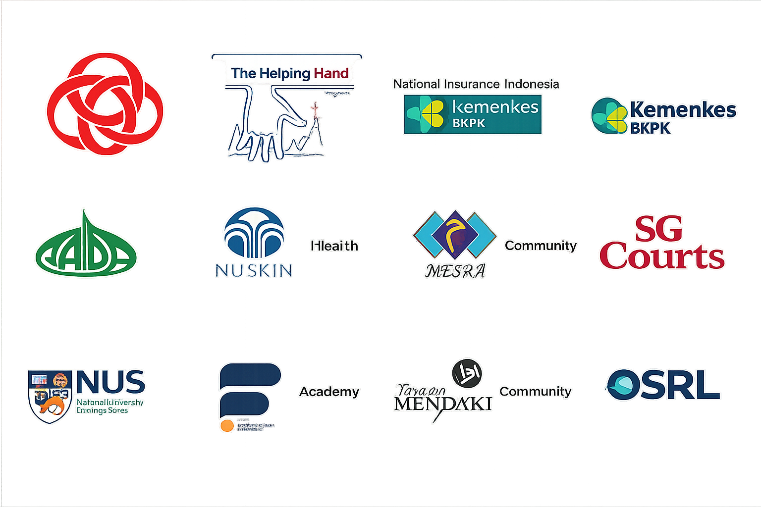 Client organisations including NUS, Kemenkes, SG Courts, AIA, MENDAKI, NuSkin and more